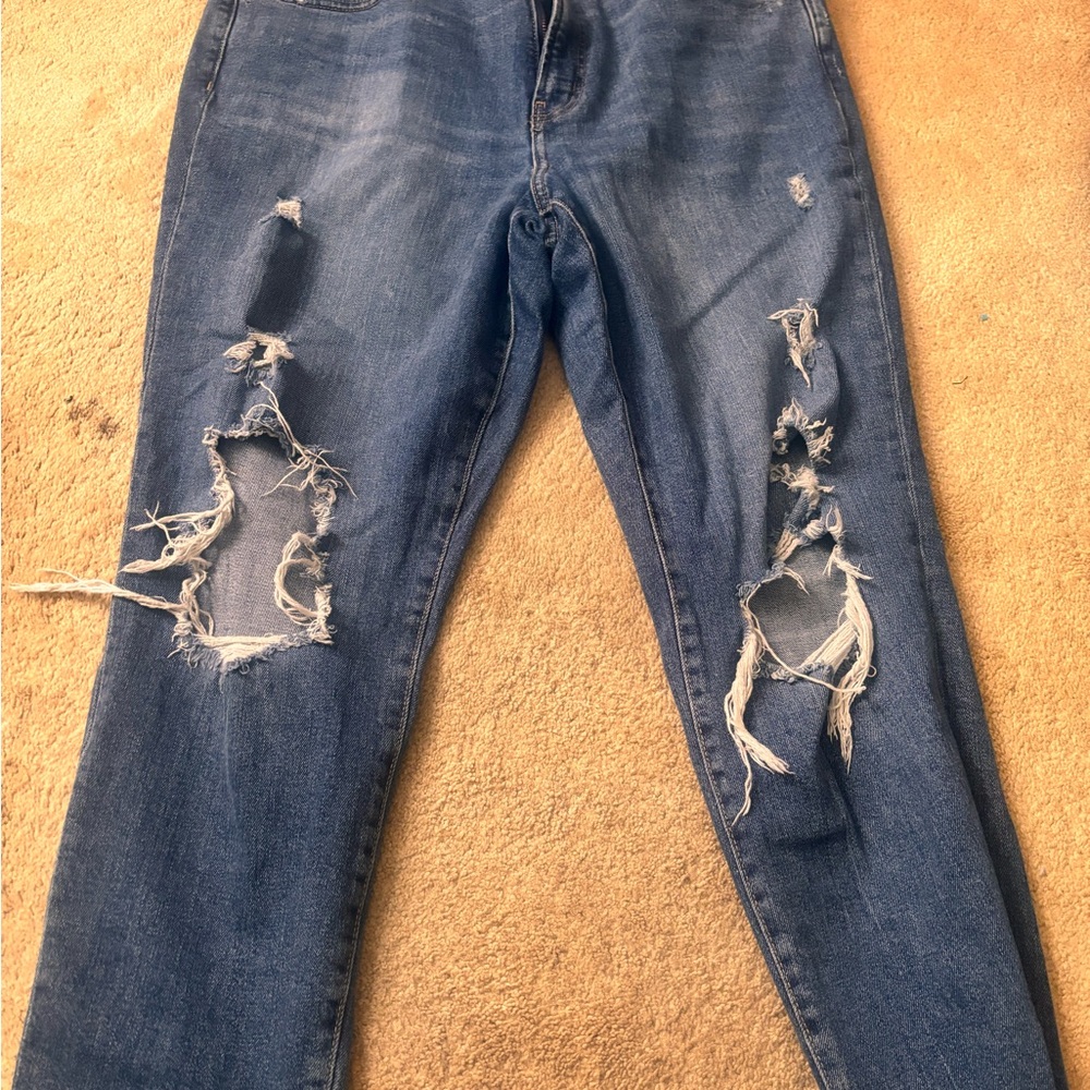 Old Navy Blue Straight Leg Jeans with Distressed Knees